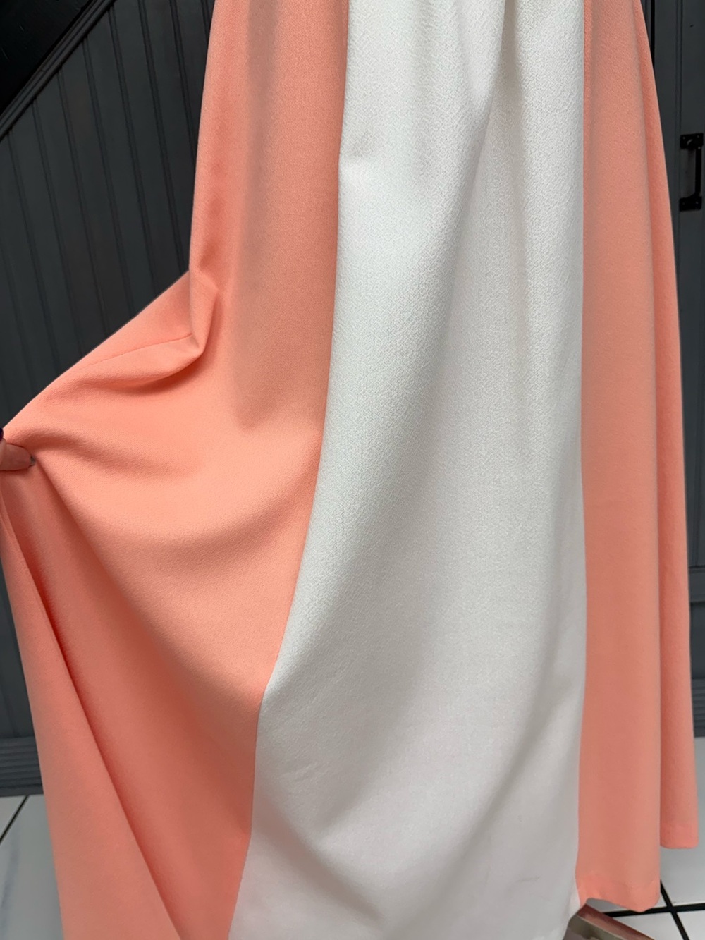 Vintage 70s Peach White Colorblock Hostess Maxi Dress Mod M/L VNeck Empire Waist - Picture 7 of 11